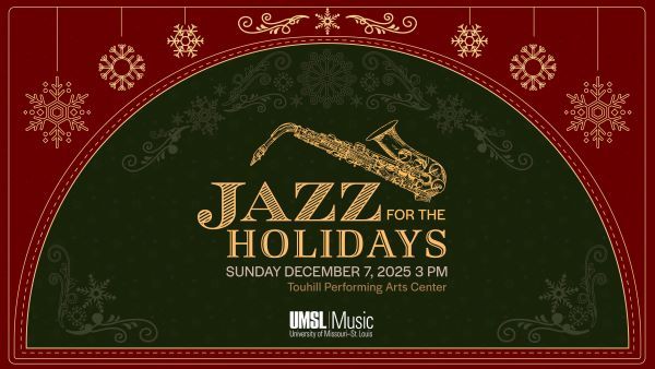 Holiday-themed event poster for "Jazz for the Holidays" featuring a saxophone, with details about the date and venue.